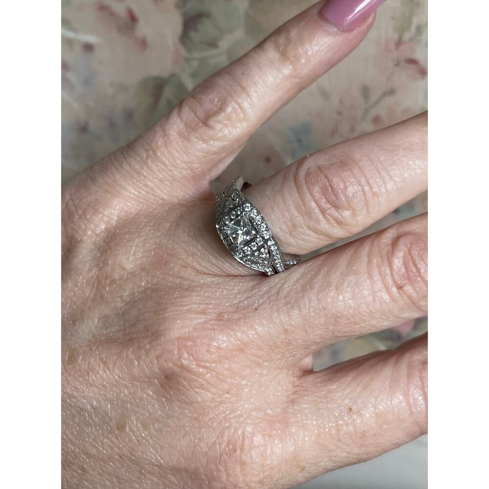 14 karat white gold, diamond halo engagement wedding ring set .61 center - Picture 8 of 16
